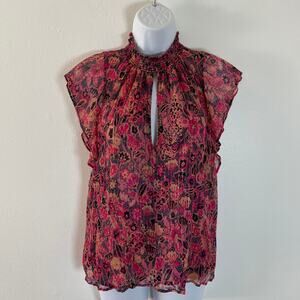 ALC Hayley Top Womens 8 Pink Silk Chiffon Metallic Floral Flutter Boho Smocked